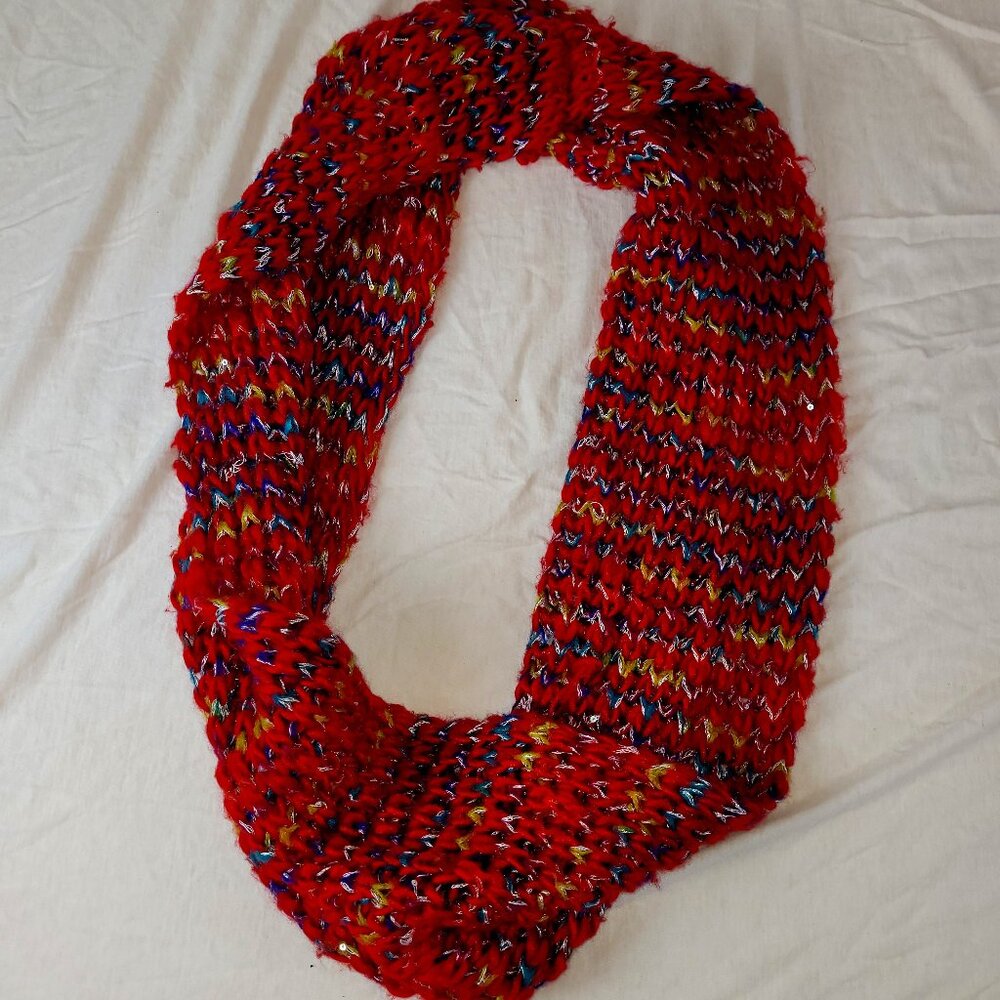 Infinity Scarf-Knit Red, shiny with Multi Color Mixed. About-25"x9"